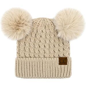 Beige One Size Stretchy Crocheted Sweater Double Pom Beanie Hat C.C. EXCLUSIVES